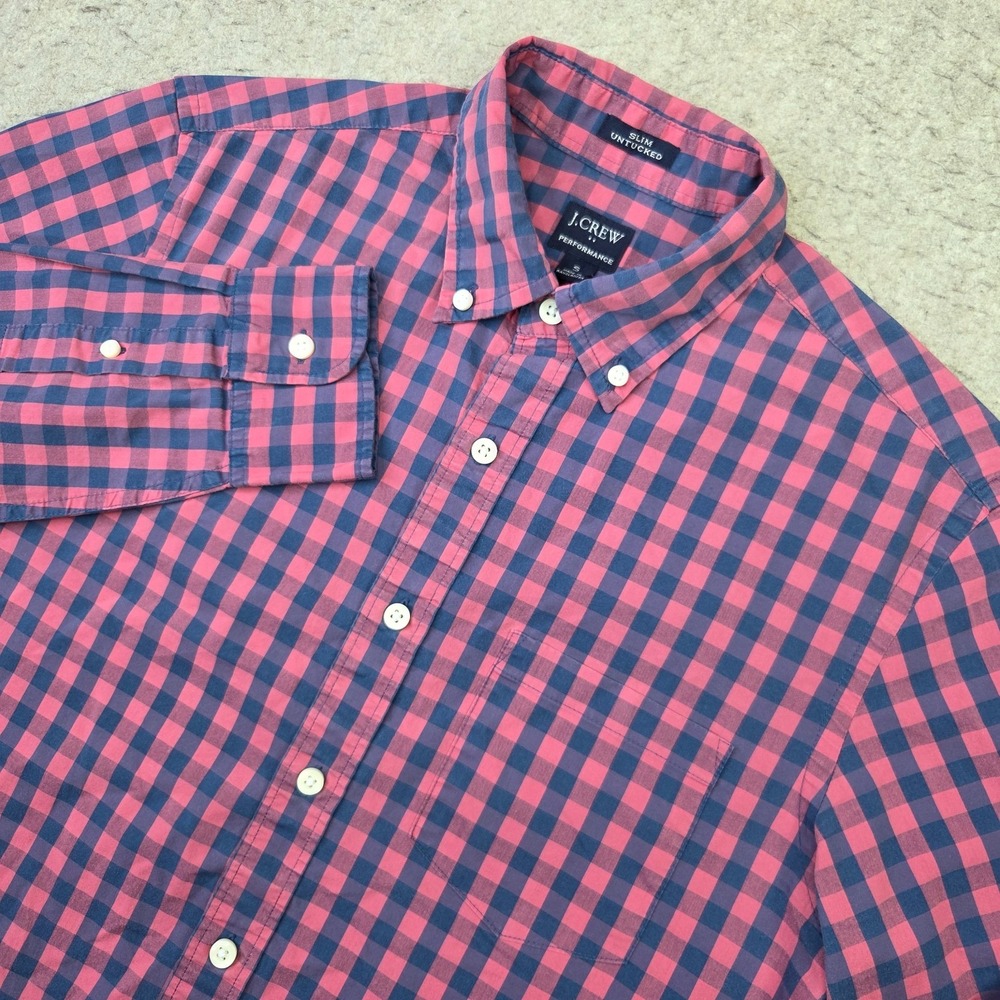 J Crew Performance Shirt Mens S Blue Gingham Check Slim Untucked Long Sleeve